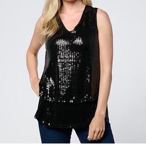 DG2 by Diane Gilman Black Sequin V-Neck Layered Tank